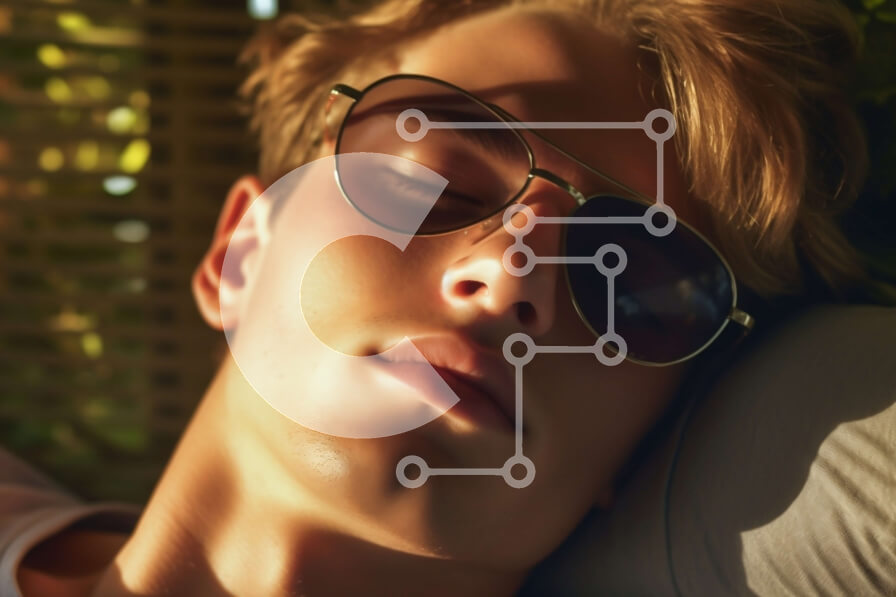 Intra Συλλεκτικό Ξύλινο Παζλ Plywood  4mm - Χαλαρωτικός άνδρας που φοράει γυαλιά ηλίου με φυτό στο φόντο Σε Ξύλινο Κουτί - Διαστάσεις Puzzle: 10x10 cm – 25 κομμάτια