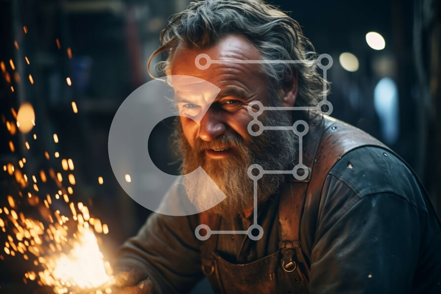 Intra Συλλεκτικό Ξύλινο Παζλ Plywood  4mm - Ηλικιωμένος σιδεράς που εργάζεται στο Forge με εργαλεία και εξοπλισμό Σε Ξύλινο Κουτί - Διαστάσεις Puzzle: 10x10 cm – 25 κομμάτια