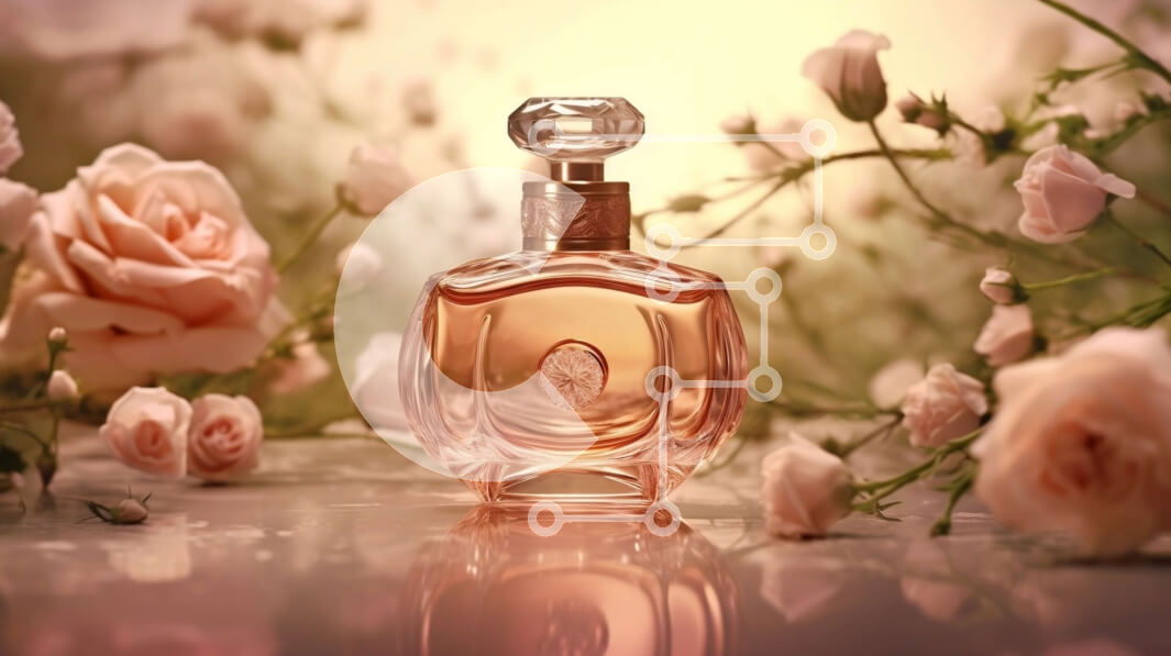 Intra Συλλεκτικό Ξύλινο Παζλ Plywood  4mm - Ροζ μπουκάλι αρώματος στο τραπέζι με ροζ τριαντάφυλλα που περιβάλλουν Σε Ξύλινο Κουτί - Διαστάσεις Puzzle: 10x10 cm – 25 κομμάτια