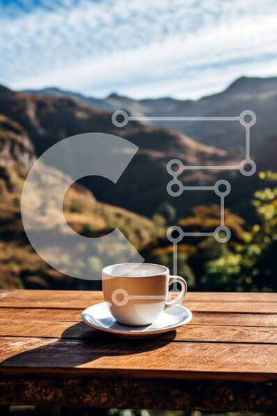 Σετ των 2 Intra Συλλεκτικό Ξύλινο Παζλ Plywood  4mm - Λευκό φλιτζάνι καφέ σε ξύλινο τραπέζι με θέα στο βουνό Σε Ξύλινο Κουτί - Διαστάσεις: 10x10 cm – 25 κομμάτια