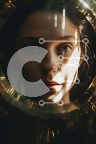 Intra Συλλεκτικό Ξύλινο Παζλ Plywood  4mm - Σοβαρή νεαρή γυναίκα που εξετάζει την αντανάκλασή της σε έναν καθρέφτη με χρυσό πλαίσιο Σε Ξύλινο Κουτί - Διαστάσεις Puzzle: 10x10 cm – 25 κομμάτια