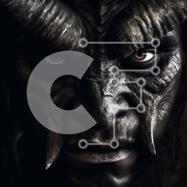 Intra Συλλεκτικό Ξύλινο Παζλ Plywood  4mm - Σοβαρό μαύρο μεταλλικό βλέμμα: Πορτρέτο προσώπου με κέρατα και μακριά μαλλιά από κοντά Σε Ξύλινο Κουτί - Διαστάσεις Puzzle: 10x10 cm – 25 κομμάτια