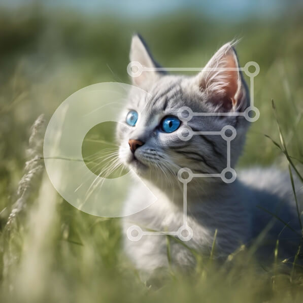 Intra Συλλεκτικό Ξύλινο Παζλ Plywood  4mm - Αξιολάτρευτο γκρι γατάκι με μπλε μάτια σε ένα χωράφι με πράσινο γρασίδι Σε Ξύλινο Κουτί - Διαστάσεις: 10x10 cm – 25 κομμάτια