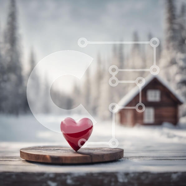 Intra Συλλεκτικό Ξύλινο Παζλ Plywood  4mm - Κόκκινη καρδιά σε ξύλινο τραπέζι μπροστά από τη χιονισμένη καμπίνα στο δάσος Σε Ξύλινο Κουτί - Διαστάσεις: 10x10 cm – 25 κομμάτια