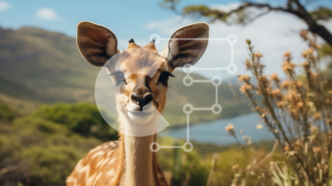 Intra Συλλεκτικό Ξύλινο Παζλ Plywood  4mm - Περίεργη αντιλόπη σε ένα χορταριασμένο χωράφι με βουνά και λίμνη Σε Ξύλινο Κουτί - Διαστάσεις: 10x10 cm – 25 κομμάτια