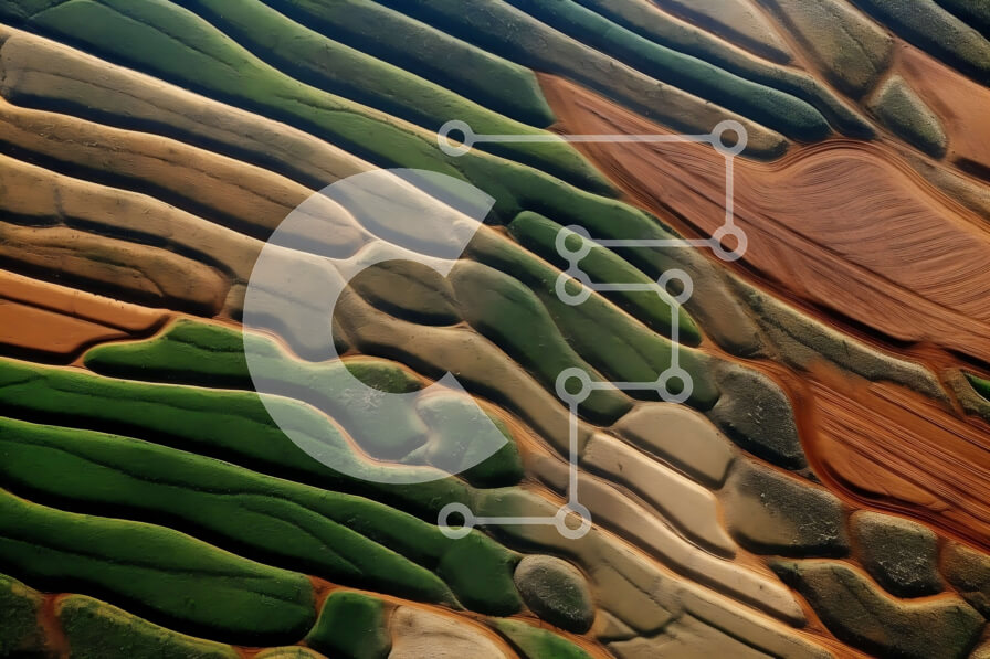 Intra Συλλεκτικό Ξύλινο Παζλ Plywood  4mm - Εναέρια άποψη του πράσινου και καφέ τοπίου Patchwork με το μπλε νερό ή τα σύννεφα Σε Ξύλινο Κουτί - Διαστάσεις Puzzle: 10x10 cm – 25 κομμάτια