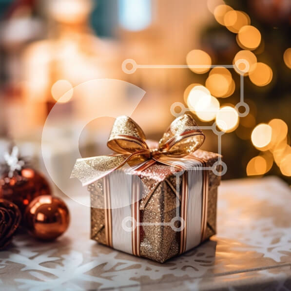 Intra Συλλεκτικό Ξύλινο Παζλ Plywood  4mm - Εορταστική εικόνα ενός χρυσού κουτιού δώρου με κορδέλα στο τραπέζι μπροστά από το χριστουγεννιάτικο δέντρο Σε Ξύλινο Κουτί - Διαστάσεις: 10x10 cm – 25 κομμάτια