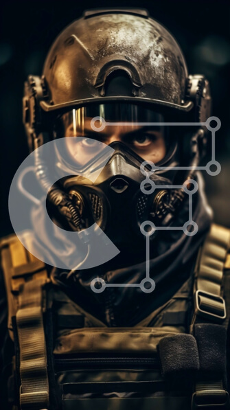 Intra Συλλεκτικό Ξύλινο Παζλ Plywood  4mm - Στρατιωτικός στρατιώτης με μάσκα αερίου και κράνος που στέκεται σε σκοτεινό φόντο Σε Ξύλινο Κουτί - Διαστάσεις Puzzle: 10x10 cm – 25 κομμάτια