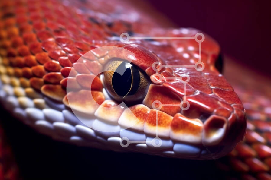 Intra Συλλεκτικό Ξύλινο Παζλ Plywood  4mm - Κοντινό πλάνο του κεφαλιού του κόκκινου φιδιού με ασπρόμαυρα σημάδια Σε Ξύλινο Κουτί - Διαστάσεις: 10x10 cm – 25 κομμάτια