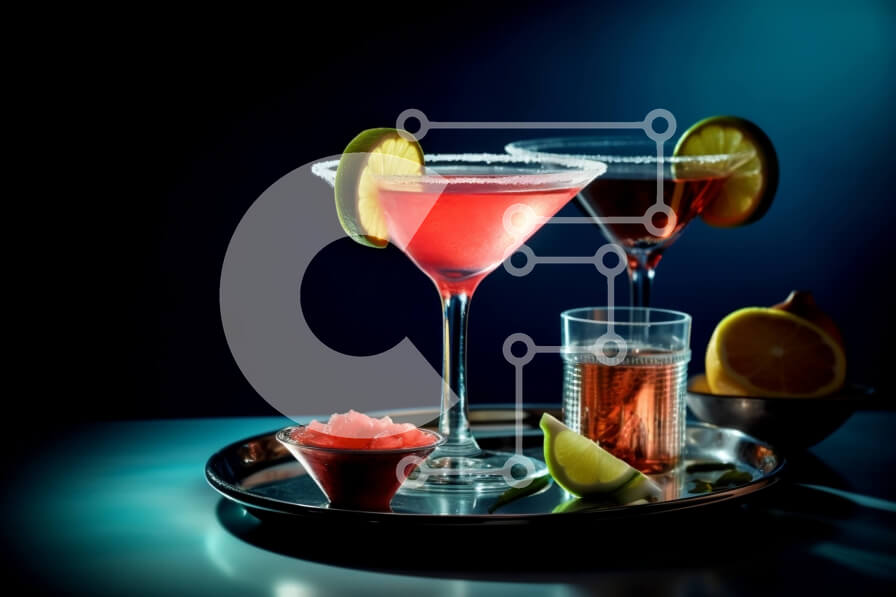 Σετ των 2 Intra Συλλεκτικό Ξύλινο Παζλ Plywood  4mm - Δροσιστικά ροζ κοκτέιλ με φέτες λάιμ σε ασημένιο δίσκο Σε Ξύλινο Κουτί - Διαστάσεις: 10x10 cm – 25 κομμάτια