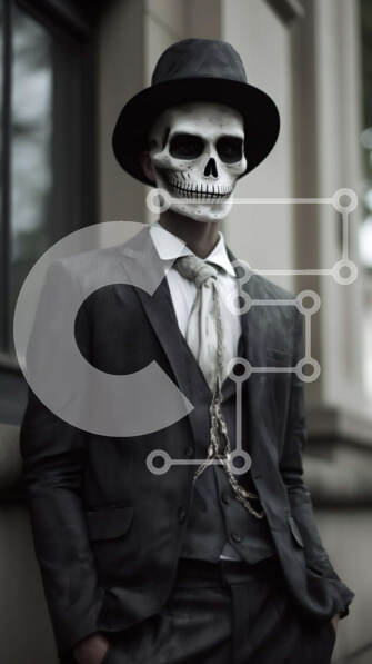 Intra Συλλεκτικό Ξύλινο Παζλ Plywood  4mm - Μυστηριώδες και κομψό άτομο με μαύρο κοστούμι και καπέλο με μάσκα κρανίου Στοκ Φωτογραφία Σε Ξύλινο Κουτί - Διαστάσεις Puzzle: 10x10 cm – 25 κομμάτια