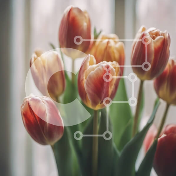 Intra Συλλεκτικό Ξύλινο Παζλ Plywood  4mm - Βάζο με κόκκινες και πορτοκαλί τουλίπες σε ένα περβάζι με θέα στον ορίζοντα της πόλης Σε Ξύλινο Κουτί - Διαστάσεις: 10x10 cm – 25 κομμάτια