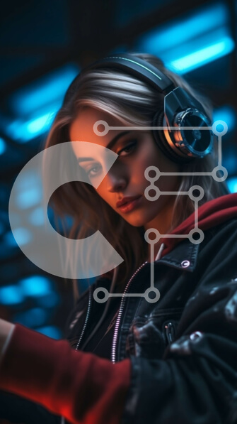 Intra Συλλεκτικό Ξύλινο Παζλ Plywood  4mm - Κομψή νεαρή γυναίκα που φορά ακουστικά και δερμάτινο μπουφάν σε σκούρο νέον φόντο Σε Ξύλινο Κουτί - Διαστάσεις Puzzle: 10x10 cm – 25 κομμάτια