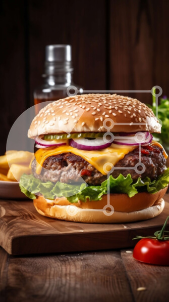 Intra Συλλεκτικό Ξύλινο Παζλ Plywood  4mm - Νόστιμο Cheeseburger με φρέσκα λαχανικά και τραγανές πατάτες σε ένα ρουστίκ ξύλινο τραπέζι Σε Ξύλινο Κουτί - Διαστάσεις: 10x10 cm – 25 κομμάτια