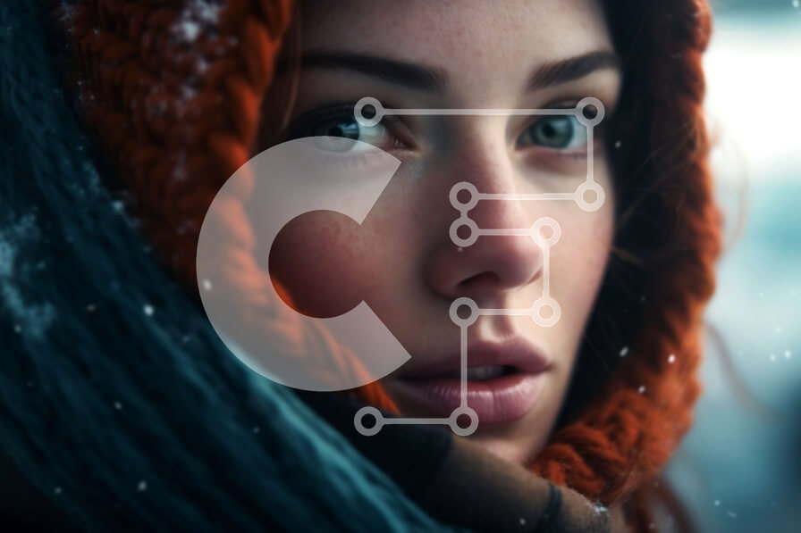 Intra Συλλεκτικό Ξύλινο Παζλ Plywood  4mm - Κομψή γυναίκα με κόκκινο φούτερ και καφέ μαντήλι σε χιονισμένο τοπίο Σε Ξύλινο Κουτί - Διαστάσεις Puzzle: 10x10 cm – 25 κομμάτια