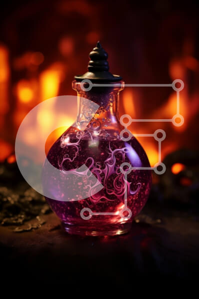 Intra Συλλεκτικό Ξύλινο Παζλ Plywood  4mm - Σαγηνευτική εικόνα μωβ υγρού σε ένα μπουκάλι με πύρινες φλόγες στο φόντο Σε Ξύλινο Κουτί - Διαστάσεις Puzzle: 10x10 cm – 25 κομμάτια