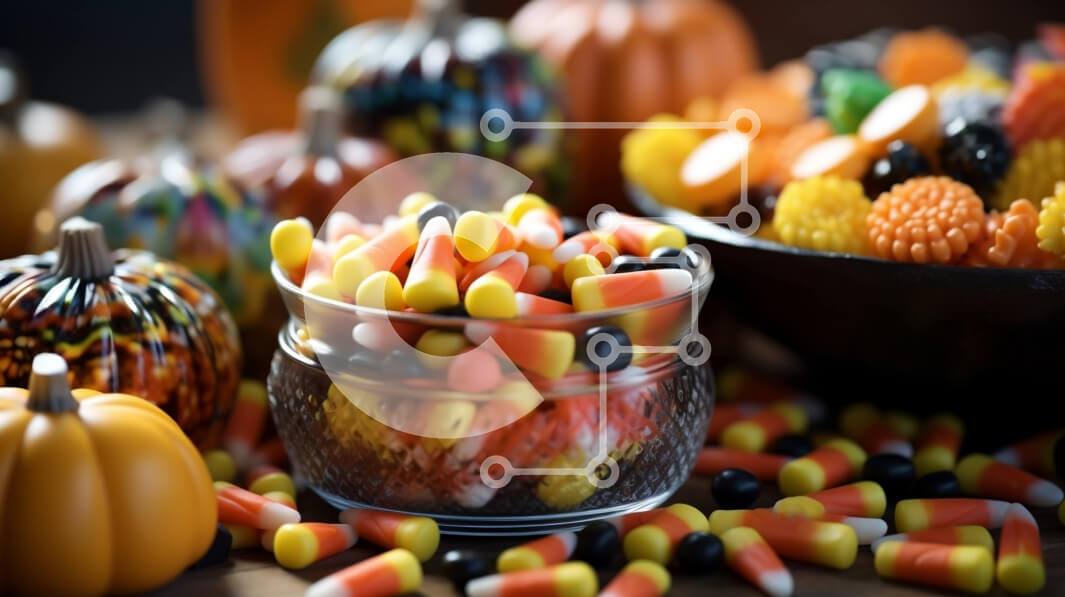 Σετ των 2 Intra Συλλεκτικό Ξύλινο Παζλ Plywood  4mm - Μπολ με διάφορες καραμέλες και διακοσμητικές κολοκύθες σε ξύλινη επιφάνεια Σε Ξύλινο Κουτί - Διαστάσεις: 10x10 cm – 25 κομμάτια