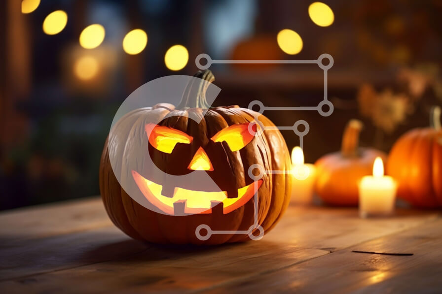 Intra Συλλεκτικό Ξύλινο Παζλ Plywood  4mm - Σκαλιστές κολοκύθες και αποκριάτικες διακοσμήσεις σε ξύλινο τραπέζι Σε Ξύλινο Κουτί - Διαστάσεις: 10x10 cm – 25 κομμάτια