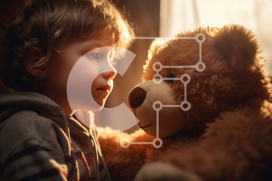 Intra Συλλεκτικό Ξύλινο Παζλ Plywood  4mm - Νεαρό αγόρι που κάθεται με το λυπημένο αρκουδάκι Σε Ξύλινο Κουτί - Διαστάσεις Puzzle: 10x10 cm – 25 κομμάτια