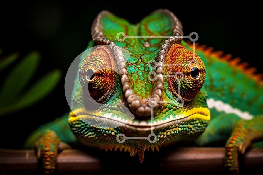 Σετ των 2 Intra Συλλεκτικό Ξύλινο Παζλ Plywood  4mm - Εκπληκτική φωτογραφία από κοντά του προσώπου ενός χαμαιλέοντα με ζωηρό πράσινο δέρμα Σε Ξύλινο Κουτί - Διαστάσεις: 10x10 cm – 25 κομμάτια