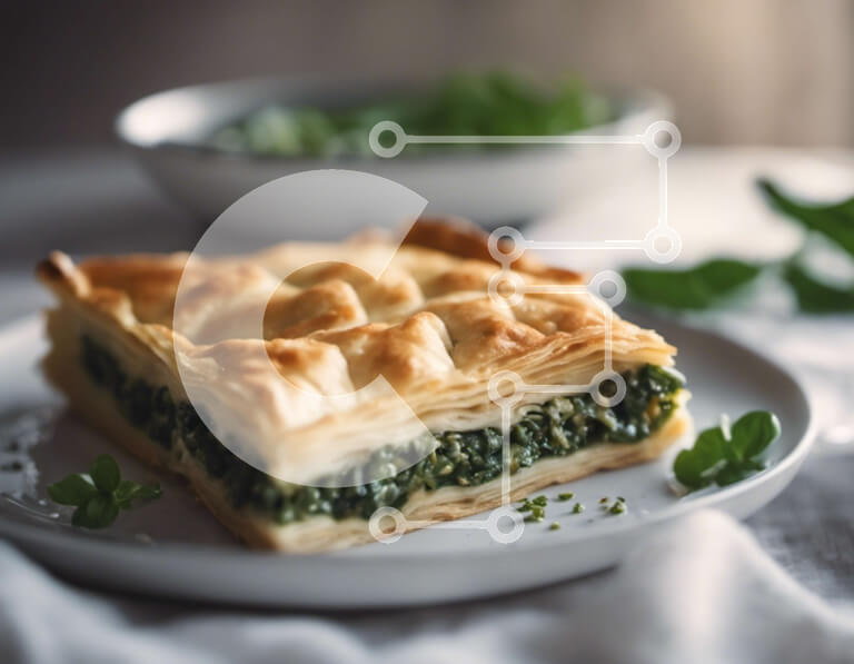 Σετ των 2 Intra Συλλεκτικό Ξύλινο Παζλ Plywood  4mm - Σπανακόπιτα σε λευκό πιάτο με φρέσκα χόρτα Σε Ξύλινο Κουτί - Διαστάσεις: 10x10 cm – 25 κομμάτια