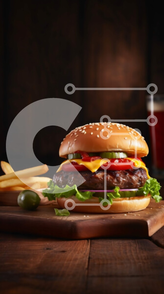 Intra Συλλεκτικό Ξύλινο Παζλ Plywood  4mm - Νόστιμο Cheeseburger με μαρούλι, ντομάτα και τηγανιτές πατάτες σε ξύλινο τραπέζι Σε Ξύλινο Κουτί - Διαστάσεις: 10x10 cm – 25 κομμάτια