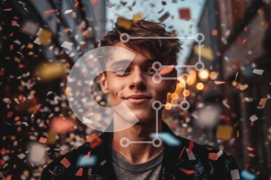 Intra Συλλεκτικό Ξύλινο Παζλ Plywood  4mm - Σοβαρός νεαρός άνδρας που στέκεται στη μέση ενός πολυσύχναστου δρόμου που περιβάλλεται από κομφετί Σε Ξύλινο Κουτί - Διαστάσεις Puzzle: 10x10 cm – 25 κομμάτια