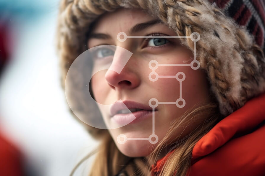 Intra Συλλεκτικό Ξύλινο Παζλ Plywood  4mm - Σοβαρή γυναίκα σκιέρ με κόκκινο πάρκο και καπέλο με γούνινο καπέλο με κοντάρι του σκι Σε Ξύλινο Κουτί - Διαστάσεις Puzzle: 10x10 cm – 25 κομμάτια