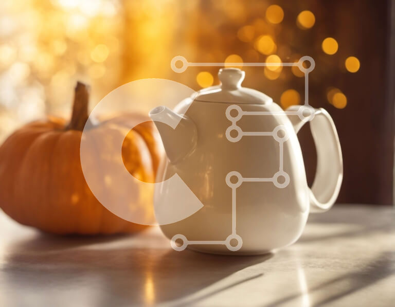 Intra Συλλεκτικό Ξύλινο Παζλ Plywood  4mm - Λευκή τσαγιέρα και πορτοκαλί κολοκύθα στο τραπέζι Σε Ξύλινο Κουτί - Διαστάσεις Puzzle: 10x10 cm – 25 κομμάτια