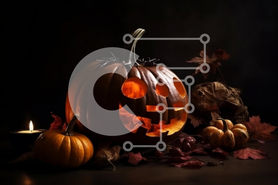 Intra Συλλεκτικό Ξύλινο Παζλ Plywood  4mm - Απόκοσμη κολοκύθα αποκριών με πρόσωπο Jack-o'-Lantern και φθινοπωρινά φύλλα Σε Ξύλινο Κουτί - Διαστάσεις Puzzle: 10x10 cm – 25 κομμάτια