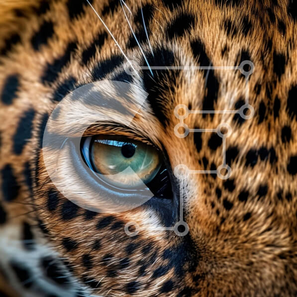 Intra Συλλεκτικό Ξύλινο Παζλ Plywood  4mm - Κοντινή όψη του προσώπου ενός Jaguar με φωτεινά πράσινα μάτια και μαύρες κηλίδες Σε Ξύλινο Κουτί - Διαστάσεις: 10x10 cm – 25 κομμάτια