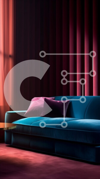 Intra Συλλεκτικό Ξύλινο Παζλ Plywood  4mm - Όμορφη εσωτερική διακόσμηση: Μπλε καναπές μπροστά από κόκκινες κουρτίνες με ένα βάζο με λουλούδια σε ένα τραπέζι Σε Ξύλινο Κουτί - Διαστάσεις Puzzle: 10x10 cm – 25 κομμάτια