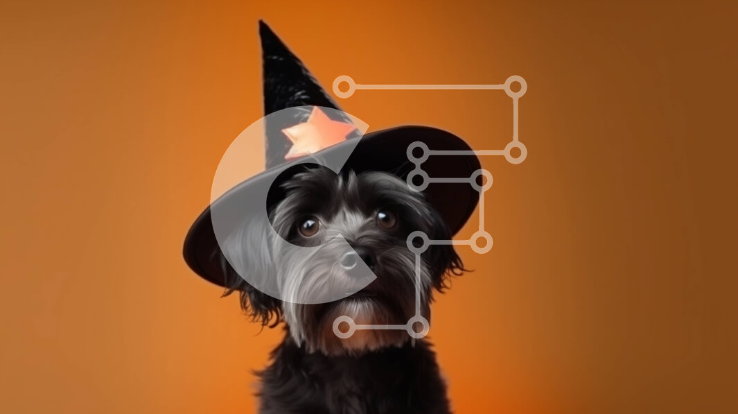 Σετ των 2 Intra Συλλεκτικό Ξύλινο Παζλ Plywood  4mm - Μαύρος σκύλος με καπέλο μάγισσας σε πορτοκαλί φόντο Σε Ξύλινο Κουτί - Διαστάσεις: 10x10 cm – 25 κομμάτια