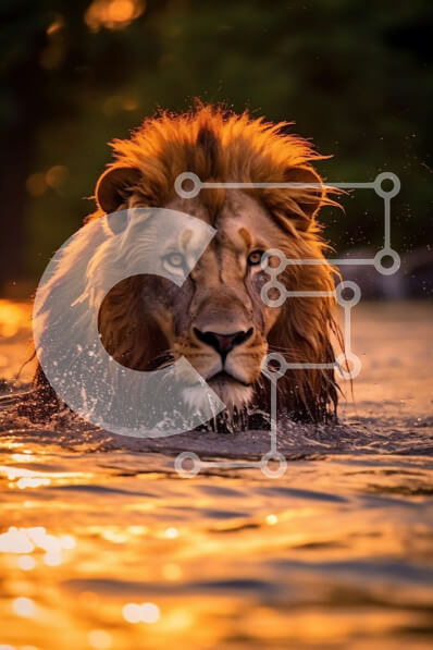 Σετ των 2 Intra Συλλεκτικό Ξύλινο Παζλ Plywood  4mm - Δέος εικόνα ενός λιονταριού που κολυμπά στο νερό το ηλιοβασίλεμα Σε Ξύλινο Κουτί - Διαστάσεις: 10x10 cm – 25 κομμάτια