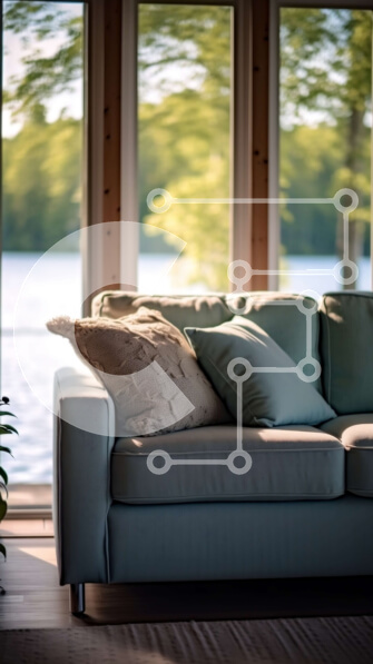 Intra Συλλεκτικό Ξύλινο Παζλ Plywood  4mm - Κομψό σαλόνι με μπλε καναπέ και εκπληκτική θέα στη λίμνη Σε Ξύλινο Κουτί - Διαστάσεις Puzzle: 10x10 cm – 25 κομμάτια