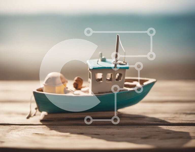 Intra Συλλεκτικό Ξύλινο Παζλ Plywood  4mm - Μπλε και άσπρο αλιευτικό σκάφος σε μια ξύλινη αποβάθρα Σε Ξύλινο Κουτί - Διαστάσεις: 10x10 cm – 25 κομμάτια