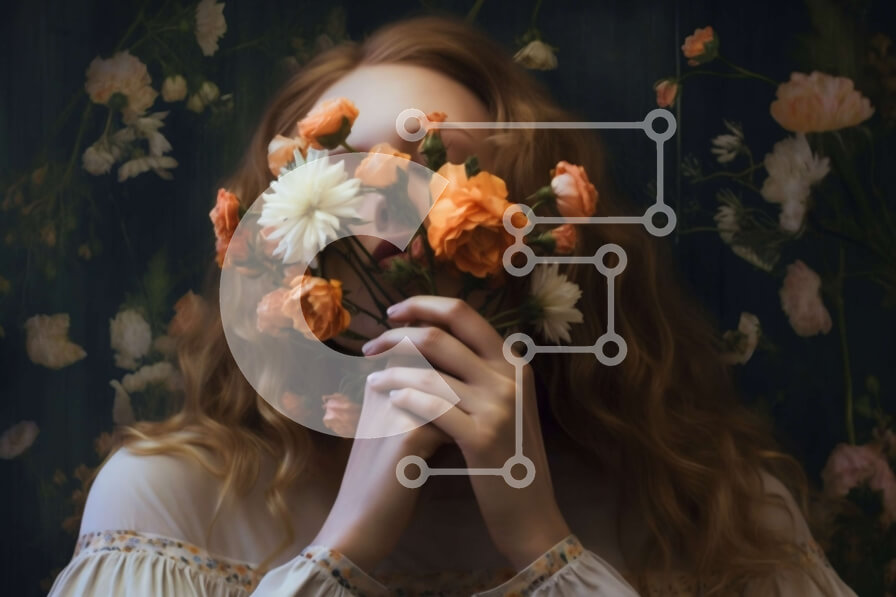 Intra Συλλεκτικό Ξύλινο Παζλ Plywood  4mm - Όμορφη γυναίκα με μπουκέτο λουλούδια μπροστά από τον floral τοίχο Σε Ξύλινο Κουτί - Διαστάσεις Puzzle: 10x10 cm – 25 κομμάτια