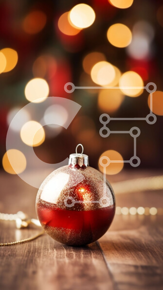 Intra Συλλεκτικό Ξύλινο Παζλ Plywood  4mm - Κόκκινο και χρυσό χριστουγεννιάτικο στολίδι σε ξύλινο τραπέζι με φωτισμένο χριστουγεννιάτικο δέντρο Σε Ξύλινο Κουτί - Διαστάσεις: 10x10 cm – 25 κομμάτια