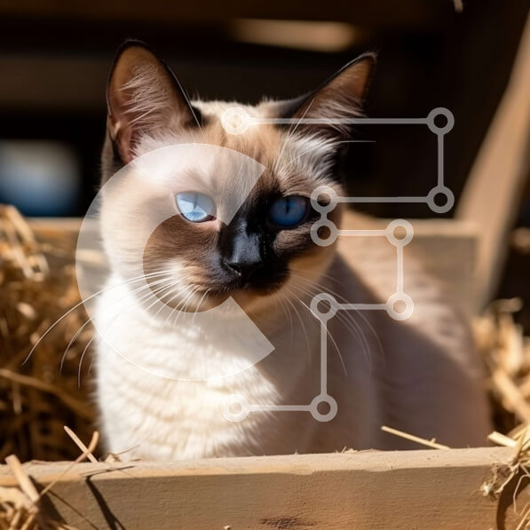 Intra Συλλεκτικό Ξύλινο Παζλ Plywood  4mm - Αξιολάτρευτη σιαμέζα γάτα που στηρίζεται σε ένα ξύλινο κλουβί γεμάτο με σανό Σε Ξύλινο Κουτί - Διαστάσεις: 10x10 cm – 25 κομμάτια