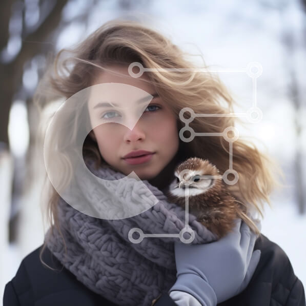 Intra Συλλεκτικό Ξύλινο Παζλ Plywood  4mm - Νεαρή γυναίκα που κρατά την κουκουβάγια σε ένα χιονισμένο τοπίο Σε Ξύλινο Κουτί - Διαστάσεις Puzzle: 10x10 cm – 25 κομμάτια