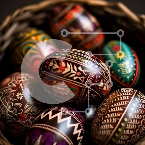 Intra Συλλεκτικό Ξύλινο Παζλ Plywood  4mm - Όμορφη κινηματογράφηση σε πρώτο πλάνο διακοσμημένων πασχαλινών αυγών σε υφαντό καλάθι Σε Ξύλινο Κουτί - Διαστάσεις: 10x10 cm – 25 κομμάτια