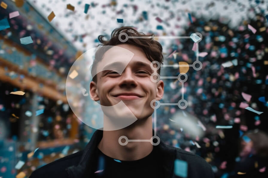 Intra Συλλεκτικό Ξύλινο Παζλ Plywood  4mm - Πορτρέτο ενός χαμογελαστού άνδρα μπροστά από έναν πολύχρωμο τοίχο κομφετί Σε Ξύλινο Κουτί - Διαστάσεις Puzzle: 10x10 cm – 25 κομμάτια