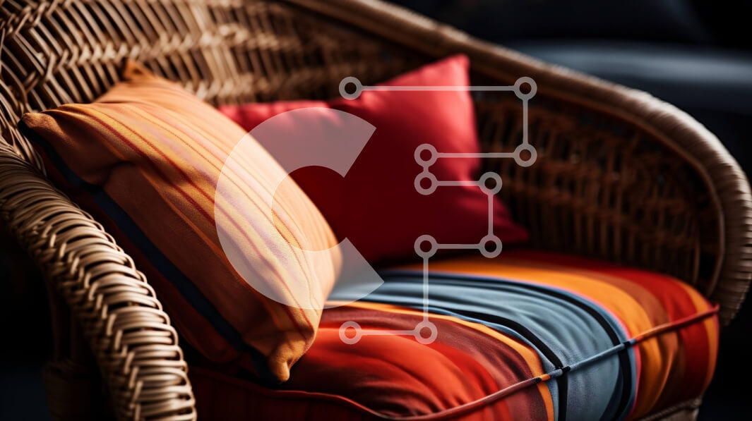 Intra Συλλεκτικό Ξύλινο Παζλ Plywood  4mm - Κοντινό πλάνο πολύχρωμης ψάθινης καρέκλας με ριγέ μαξιλάρια Σε Ξύλινο Κουτί - Διαστάσεις Puzzle: 10x10 cm – 25 κομμάτια