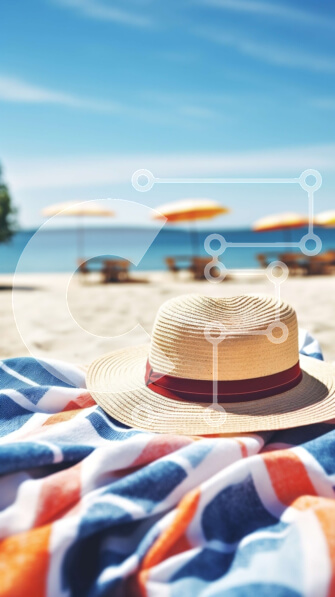 Intra Συλλεκτικό Ξύλινο Παζλ Plywood  4mm - Ψάθινο καπέλο στην αμμώδη παραλία με ομπρέλες και καρέκλες Σε Ξύλινο Κουτί - Διαστάσεις Puzzle: 10x10 cm – 25 κομμάτια