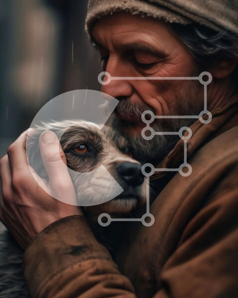 Intra Συλλεκτικό Ξύλινο Παζλ Plywood  4mm - Συγκινητική εικόνα ενός ηλικιωμένου άνδρα που αγκαλιάζει τον σκύλο σύντροφό του Σε Ξύλινο Κουτί - Διαστάσεις Puzzle: 10x10 cm – 25 κομμάτια