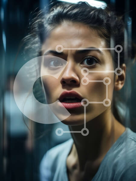 Intra Συλλεκτικό Ξύλινο Παζλ Plywood  4mm - Συγκλονισμένη γυναίκα με γκρι πουκάμισο που στέκεται μπροστά από τη γυάλινη πόρτα Σε Ξύλινο Κουτί - Διαστάσεις Puzzle: 10x10 cm – 25 κομμάτια