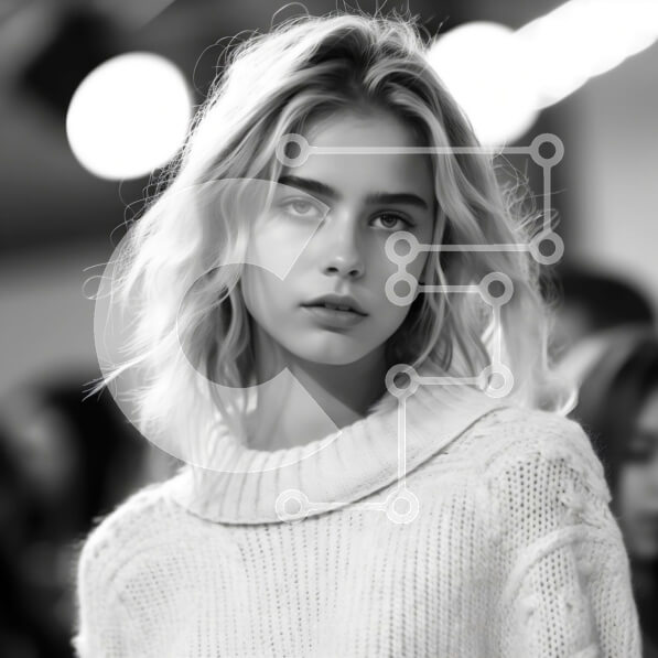 Intra Συλλεκτικό Ξύλινο Παζλ Plywood  4mm - Όμορφη εικόνα μιας γυναίκας που κοιτάζει την κάμερα με ένα λευκό πουλόβερ Σε Ξύλινο Κουτί - Διαστάσεις Puzzle: 10x10 cm – 25 κομμάτια