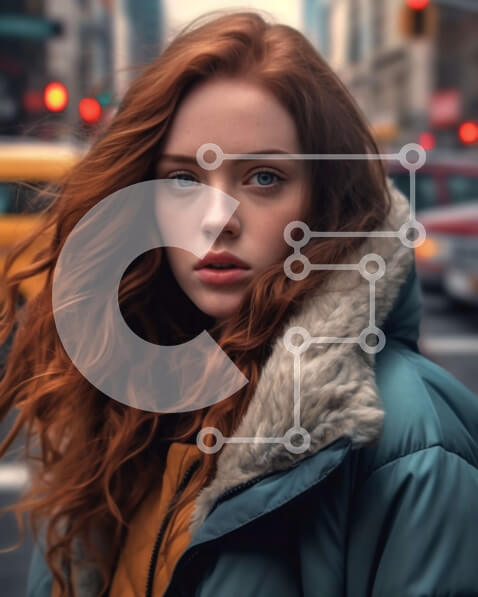 Intra Συλλεκτικό Ξύλινο Παζλ Plywood  4mm - Σοβαρή νεαρή γυναίκα με κόκκινα μαλλιά που φορά μπλε σακάκι στην οδό της πόλης Σε Ξύλινο Κουτί - Διαστάσεις Puzzle: 10x10 cm – 25 κομμάτια