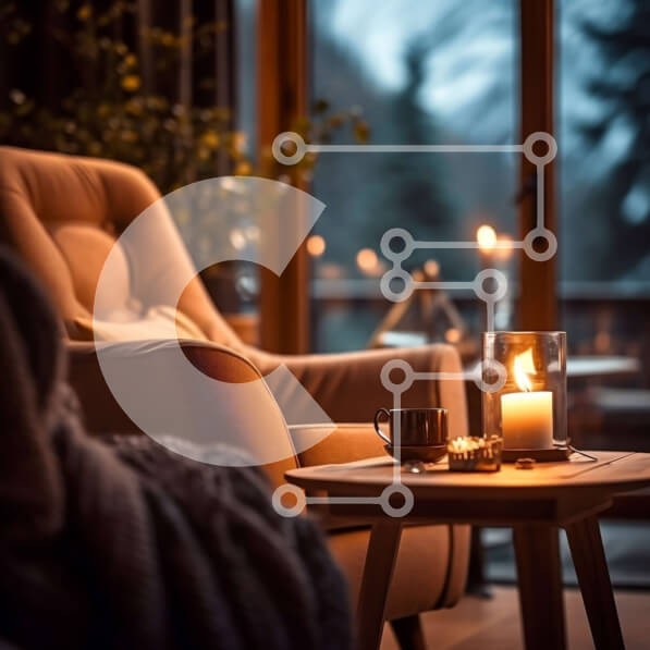 Intra Συλλεκτικό Ξύλινο Παζλ Plywood  4mm - Ζεστό και φιλόξενο σαλόνι με θέα στο χιόνι Σε Ξύλινο Κουτί - Διαστάσεις Puzzle: 10x10 cm – 25 κομμάτια