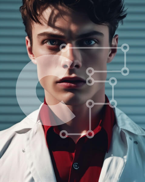 Intra Συλλεκτικό Ξύλινο Παζλ Plywood  4mm - Πορτρέτο επιστήμονα με λευκό παλτό εργαστηρίου και κόκκινο πουκάμισο Σε Ξύλινο Κουτί - Διαστάσεις Puzzle: 10x10 cm – 25 κομμάτια